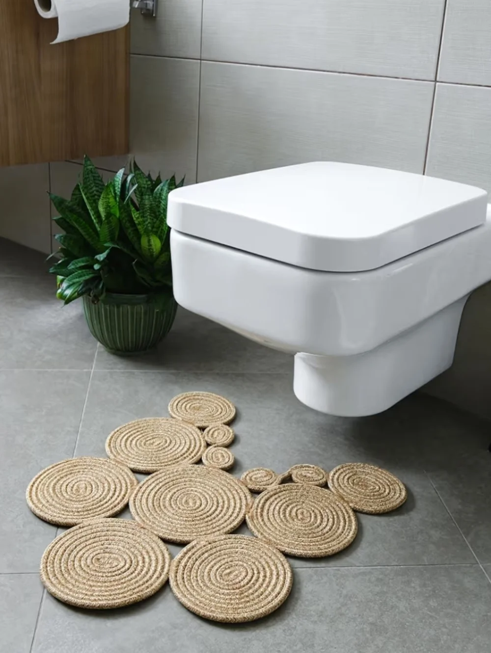 NWT Boho Jute Geometric Bathroom Mat For Toilet Double Sided Natural 23.6